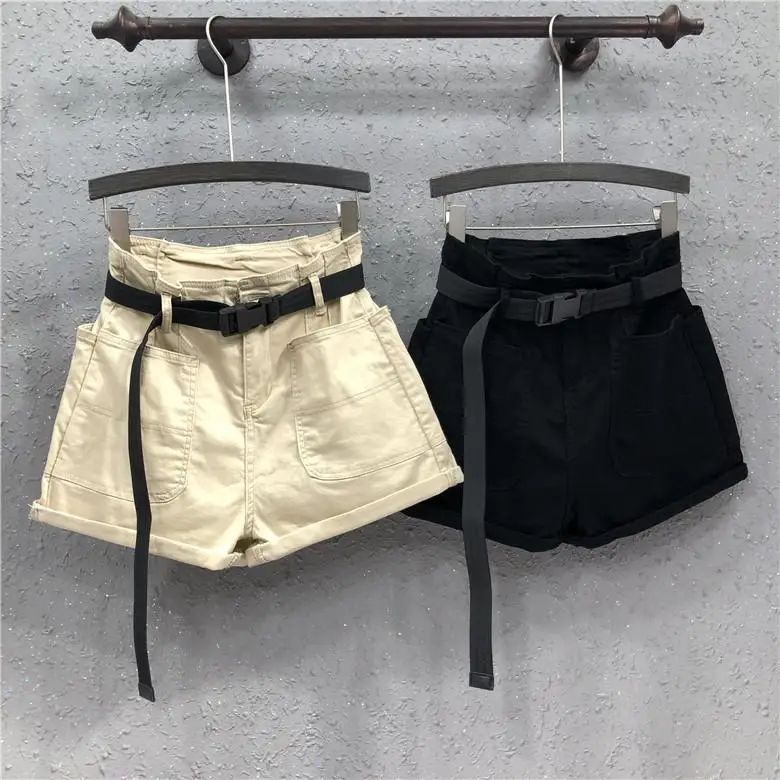 

European women's denim shorts European Zipper High waist Big pocket Casual Loose Wide-leg hot pants Waistband Summer New style