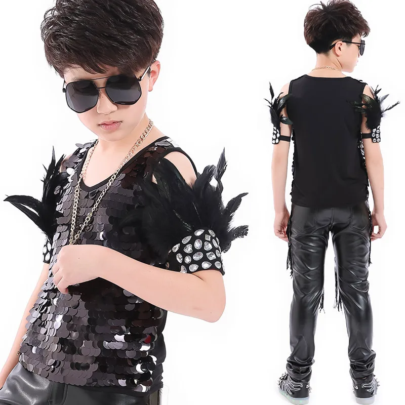 Children Hip Hop Costumes Black Sequined Vest Tassel Pants Boys Street Dance Clothing Stage Show Wear Kids Rave Outfit DNV12477