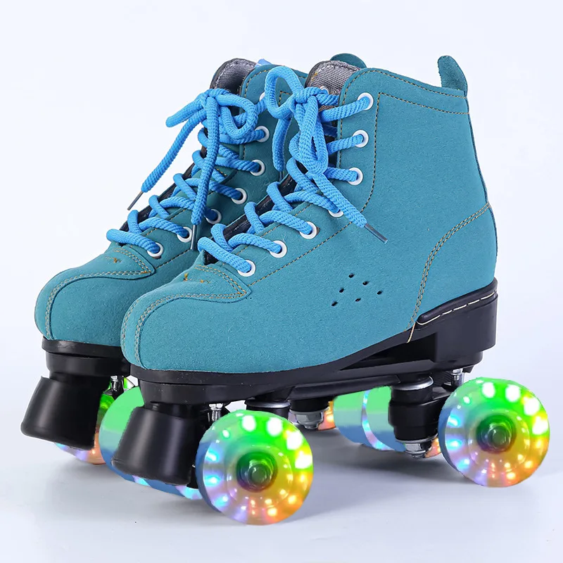 

Factory Wholesale Blue Adult Double Row Flashing 4-wheel Sports Roller Skates Men Women Quad Sneakers Skating Shoes Patines