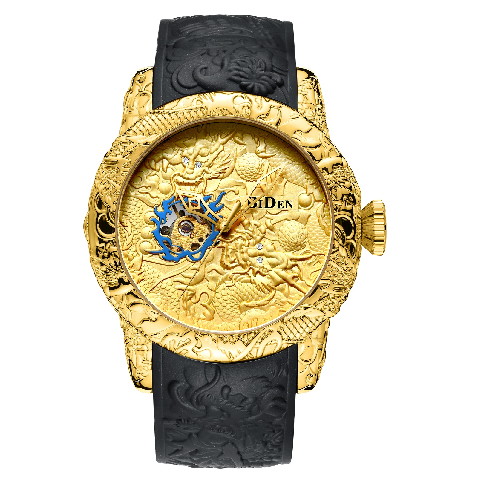 BIDEN Special Design Gold Dragon Sculpture Automatic Mechanical Men Watch Fashion Luxury Waterproof Wristwatch Relojes Hombre