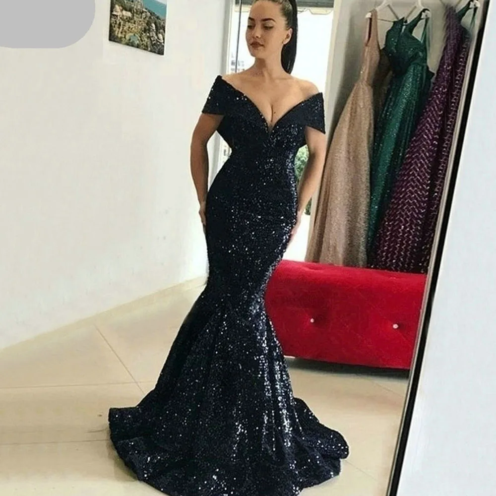 

Glamorous Black Strapless Sequins Mermaid Prom Dresses 2021 Off The Shoudler Long Sparkling Floor Length Formal Party Evening G