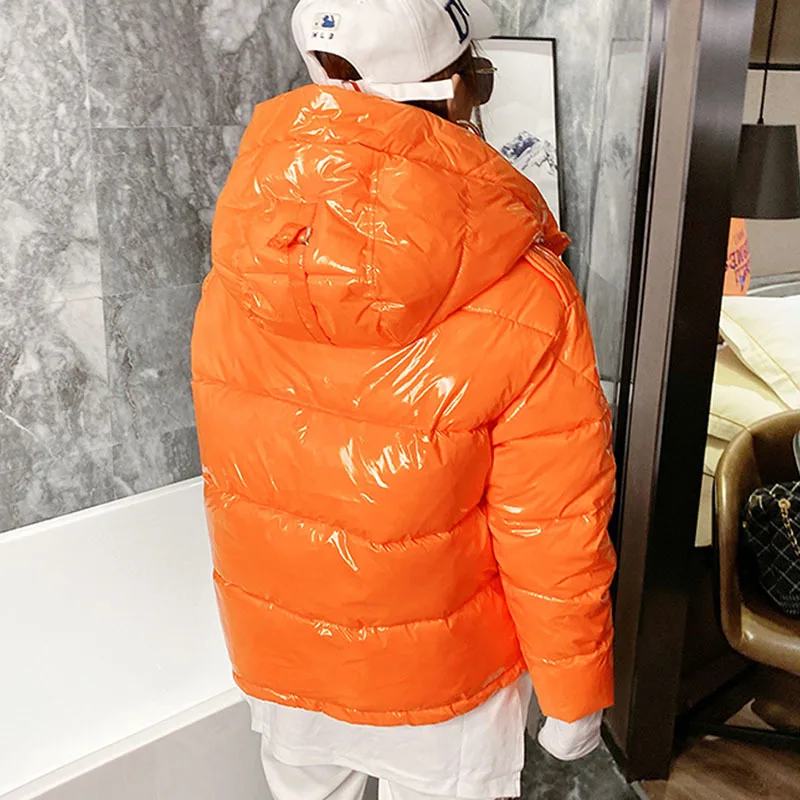 2024 Winter Korean Women Hooded Glossy Cotton Coat Candy Color Drawstring Long Sleeve Yellow/orange Winter Parkas Female Outwear