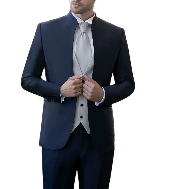 Azul marinho noivo vestir vestido de casamento fino ternos de negócios do baile de formatura ternos traje homme mariage luxe 3 peças (jaqueta + colete + calças)