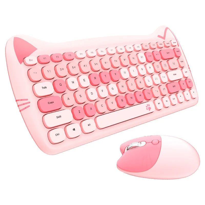 Lovely Cat 2.4G Wireless Quiet Small Mini Keyboard Mouse Kit Set Women Girl Gift 84 Key Cute Pink Purple Yellow For PC Laptop