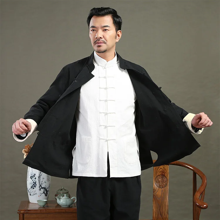 Ropa tradicional china para hombre, uniforme de Kung Fu y Tai Chi de lino sólido, Retro, talla grande, traje informal de manga larga Hanfu Tang, 3