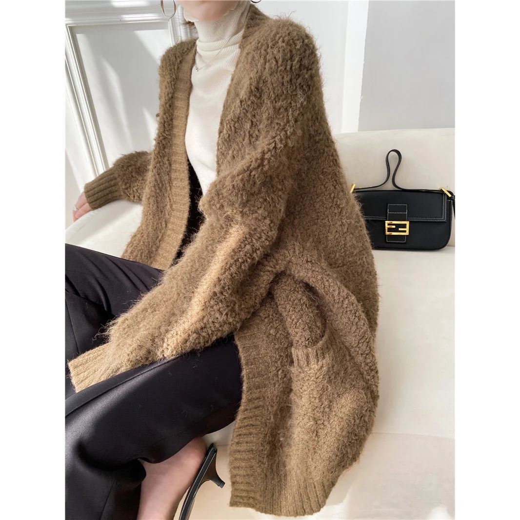 [ZAYAU]Autumn and Winter Wool Blended Thickened Knitted Sweater Loose Coat women's Middle Length Lazy Style