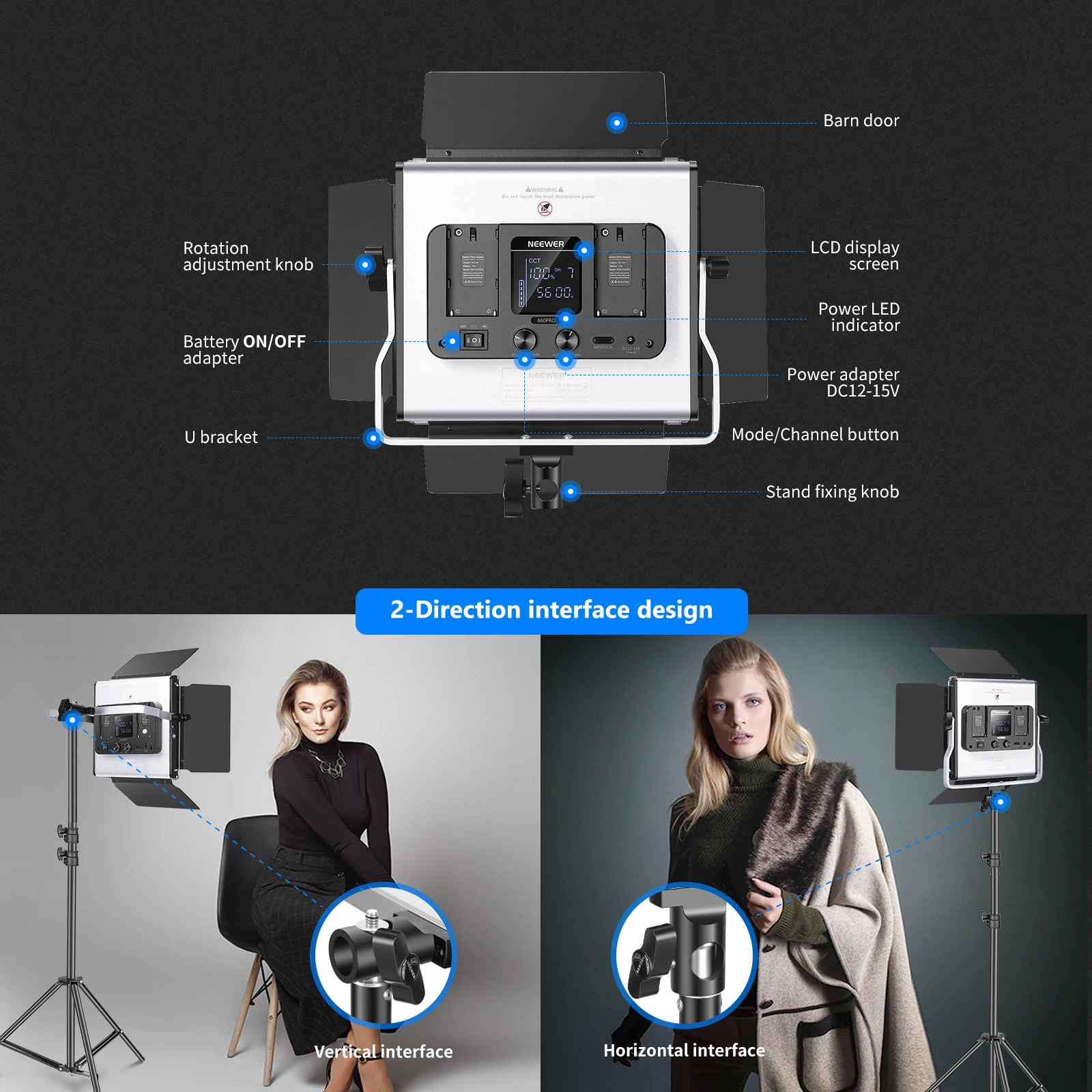 Neewer-Full Color Video Light com Barndoor e U Mount para Fotografia de Estúdio, Controle APP, RGB, 660 PRO, 50W, 360 °