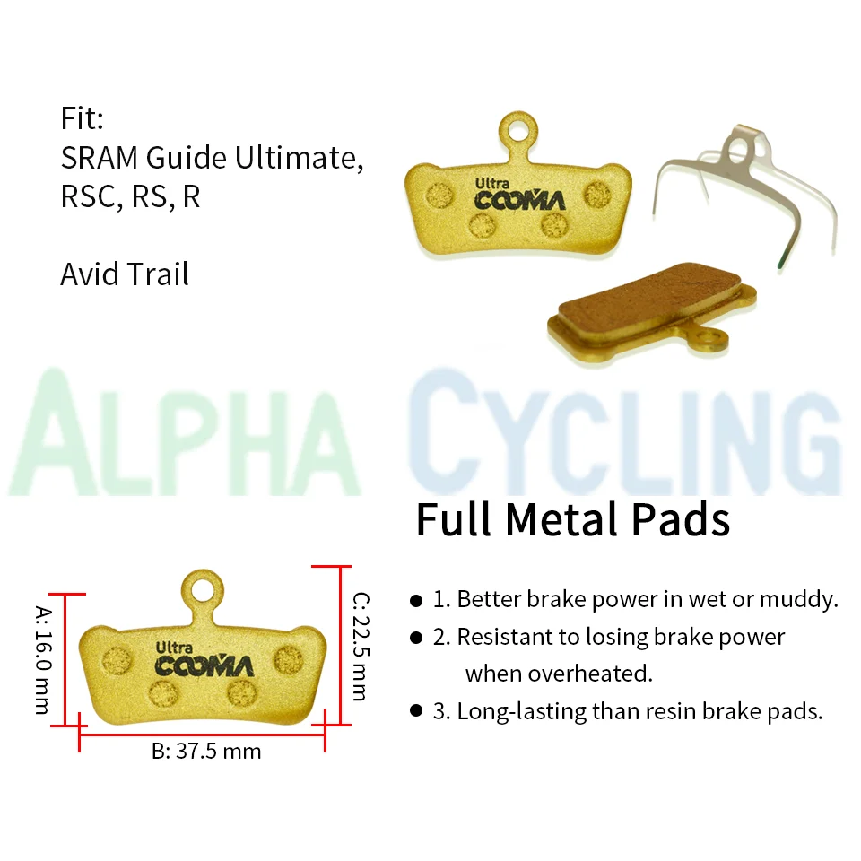 4 Pairs, Bicycle Disc Brake Pads for SRAM MTB G2/GUIDE, AVID TRAIL Calipers, Ultra Class, Full Metal