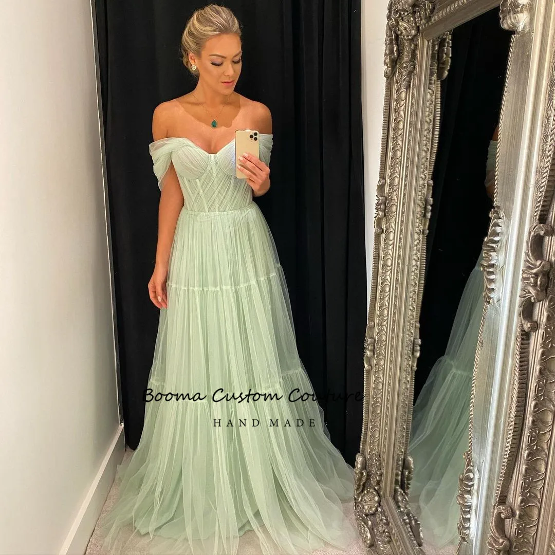 Booma Mint Green Sweetheart A-Line Prom Dresses Off the Shoulder Tiered Tulle Maxi Evening Dresses Formal Prom Gowns Customized