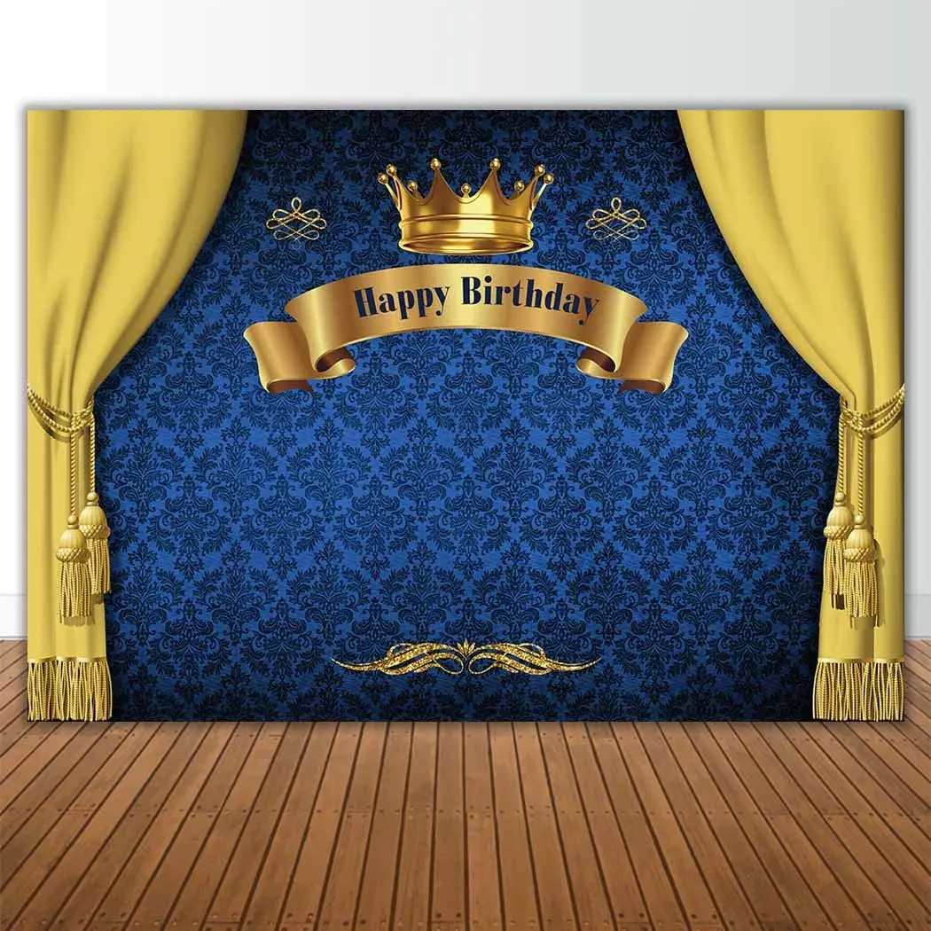 Royal Prince Birthday Party Backdrop For Photography Blue And Gold Curtain Crown Baby Shower Banner Boy's Kids Background