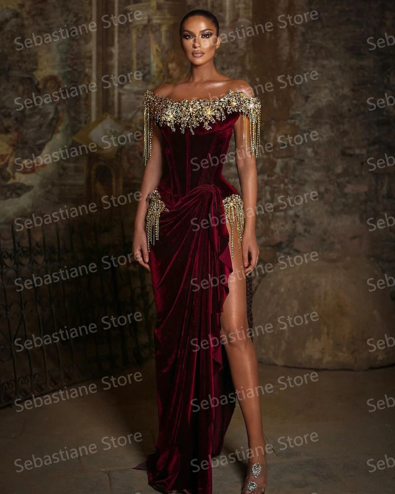 Gorgeous Beaded Prom Dresses Cap Sleeves Tassels Mermaid Ruffles Side Split Women Pageant Evening Gowns 2021