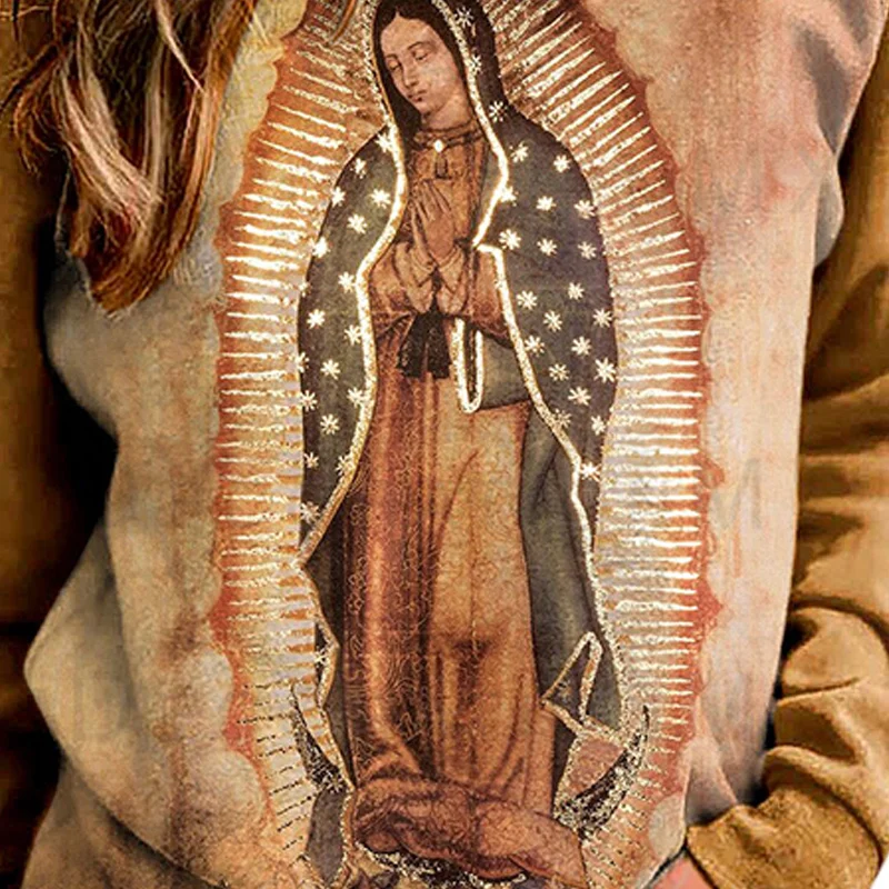 Women\'s Long Sleeve Top Fashion Vintage Original Of Our Lady Guadalupe Virgin Mary Print Skin-friendly Sweatshirt For Saint Girl