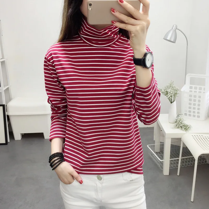 

Fashion 2020 Women's Turtleneck T Shirt Women Striped Cotton Warm Autumn Winter T-shirts Femme Casual Slim Tops WXF575