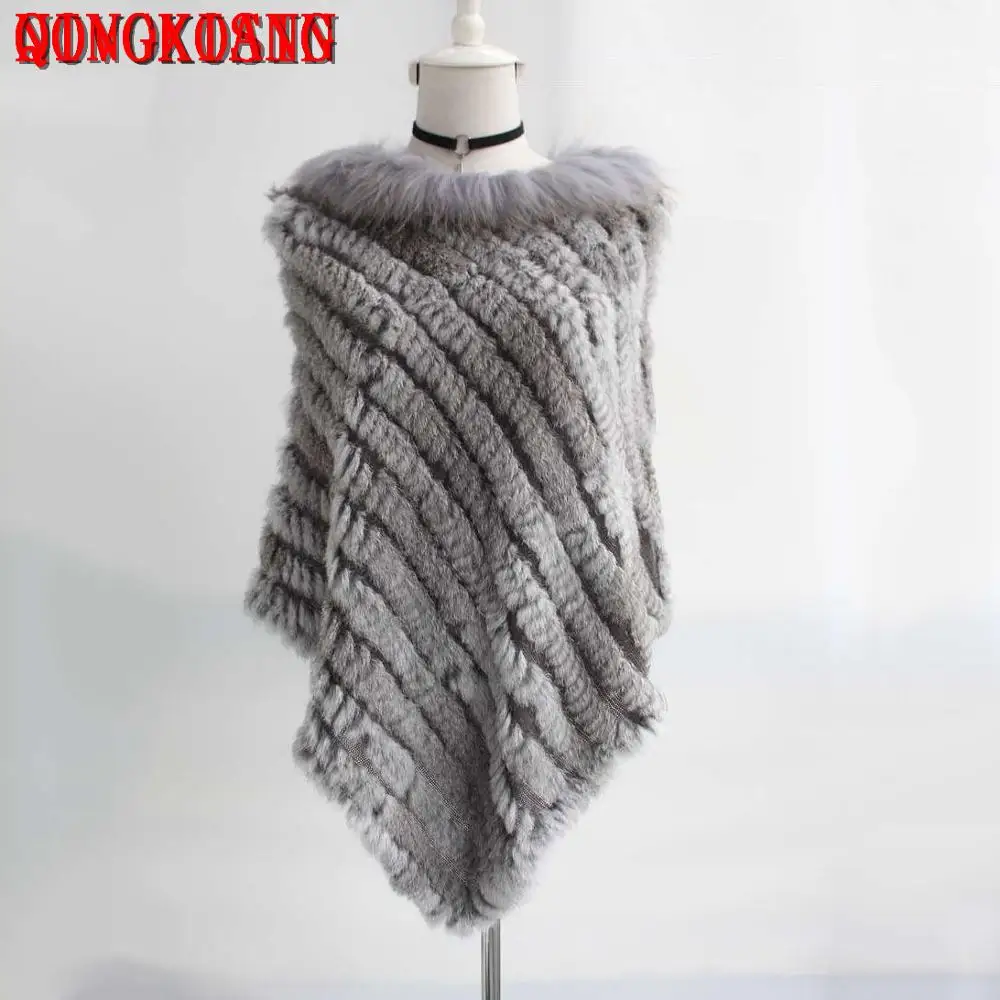 

25 Color Women Real Rabbit Fur Poncho Capes Weave Winter Triangle Casual Long Raccoon Neck Pullovers Luxury Shawl Streetwear