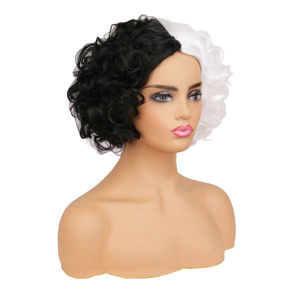 New Cruella Wig CRUELLA de Vil Cosplay Black White Halloween Party Hair Deville Dalmation Short Synthetic Hair Wigs+ Wig Cap