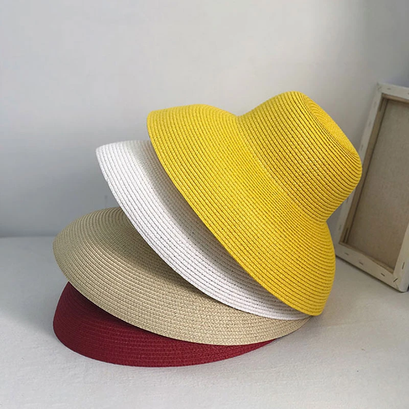 VRIGINER Hot Sale Women Yellow Straw Sun Hat Elegant Hepburn Big Wide Brim Foldable Anti-UV Beach Sun Floppy Hats Flat Caps Bob