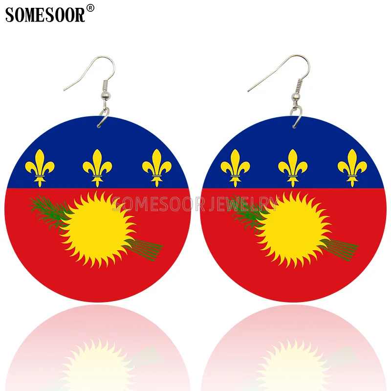 SOMESOOR Jewelry Flag Of French Overseas Provinces Wooden Both Sides Print Pendant Round Drop Earrings For Women