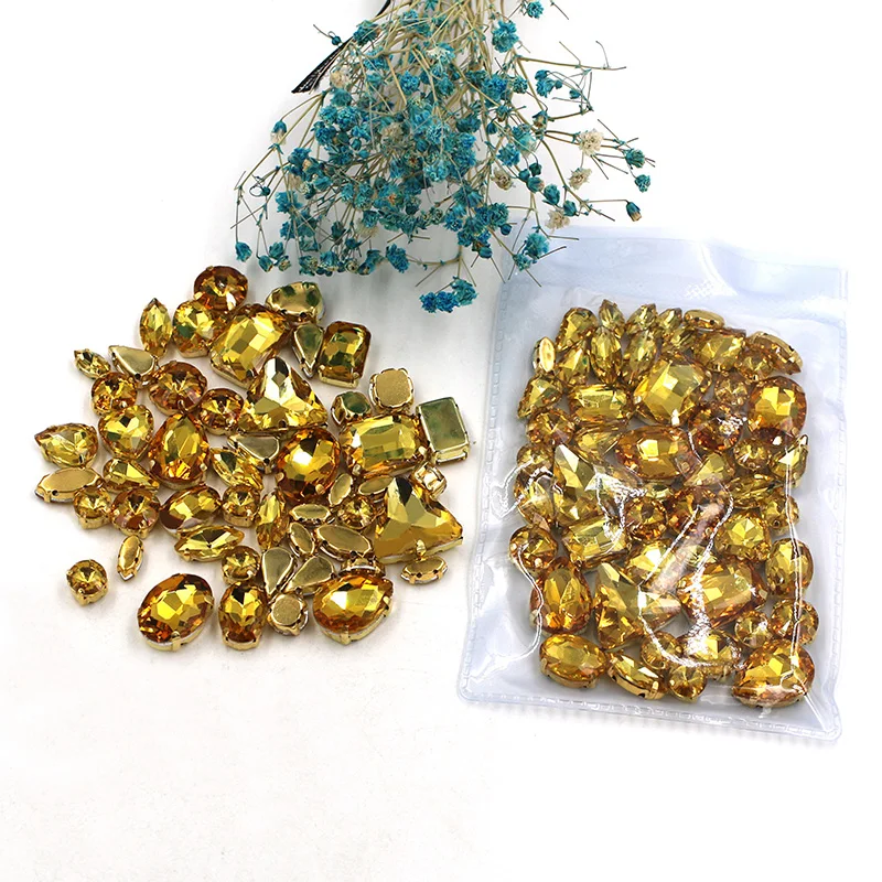 

Clothing accessories mixed shape Golden yellow glass crystal sewing rhinestones with gold base for dress/garment/shoes