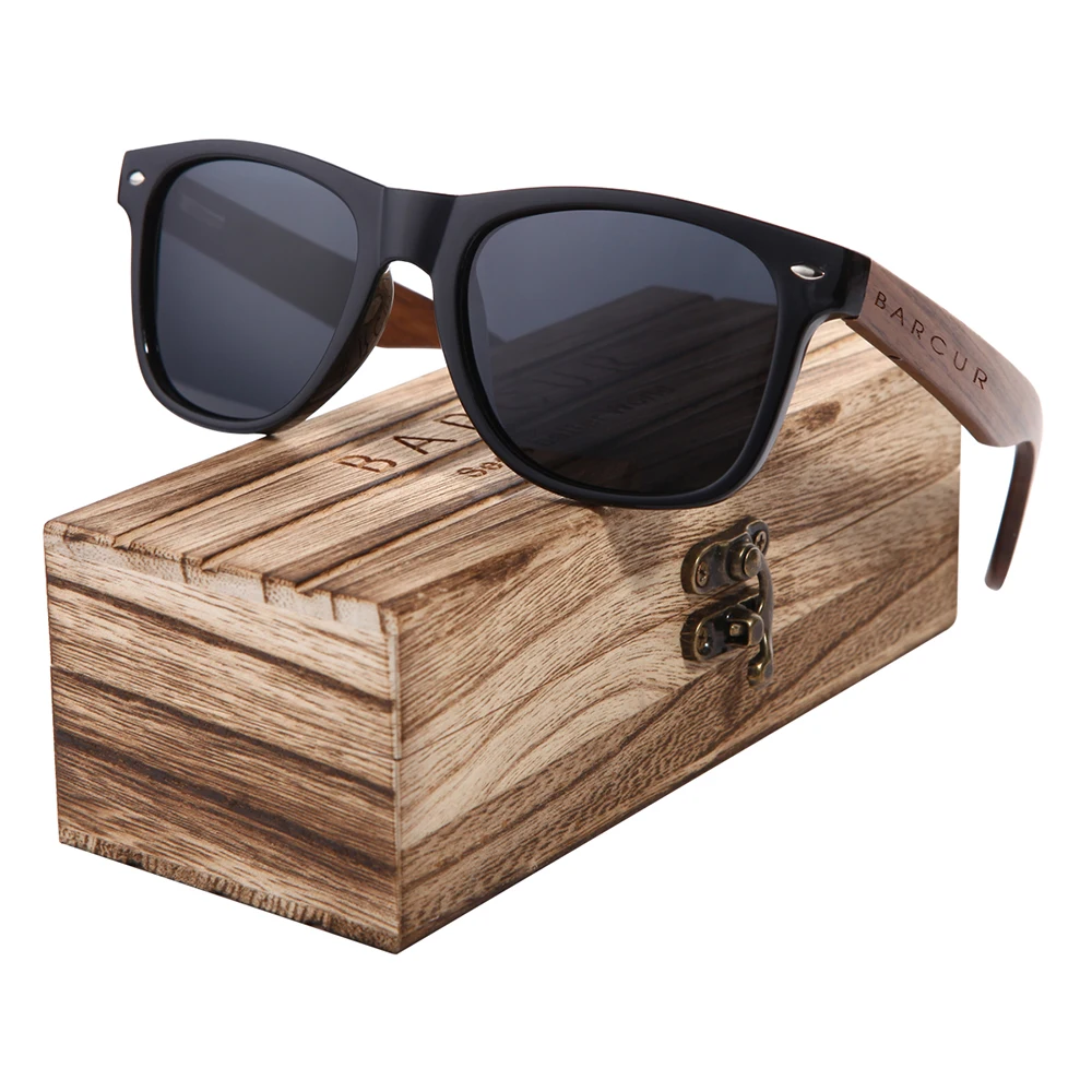 BARCUR Schwarz Nussbaum Sonnenbrille Holz Polarisierte Sonnenbrille Männer Gläser Männer UV400 Schutz Brillen Holz Original Box 7