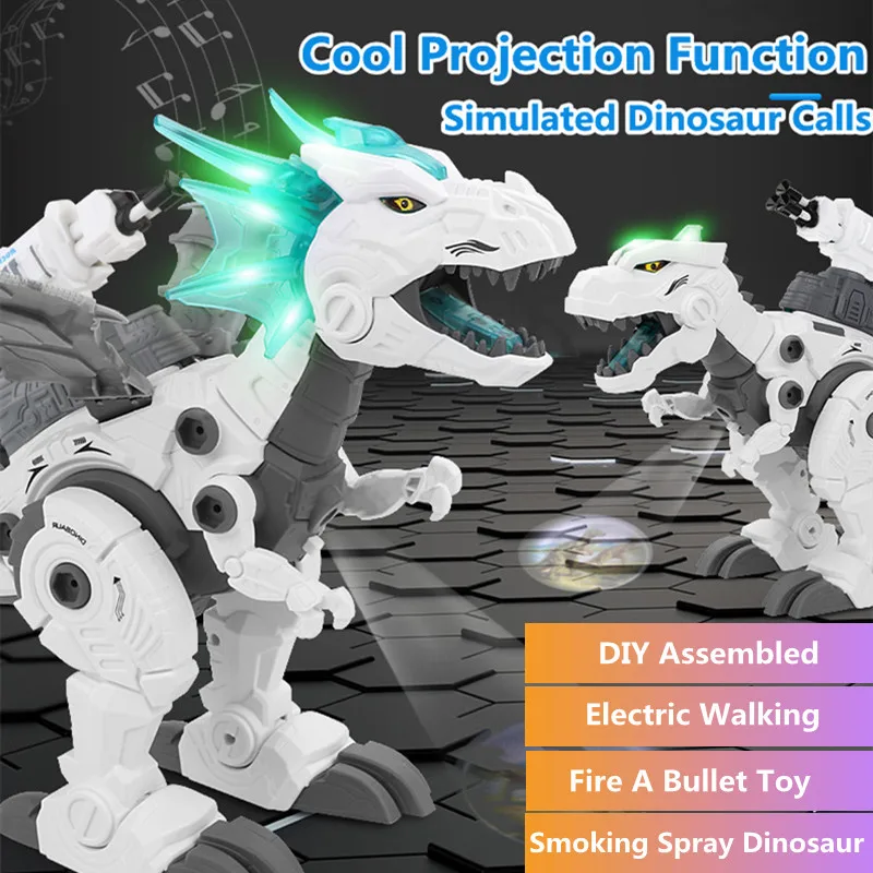 DIY Assembled Smoking Spray Dinosaurs Fire A Bullet Simulation Sound Cool Lighting Electric Walking Dinosaurs Boy&Girl Toys