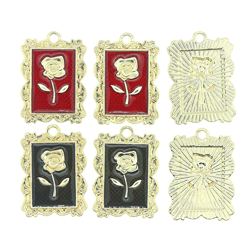 5pcst 20*27mm Enamel Rose Metal Medallion Square Sign Charms Pendants for Making Necklaces Earrings Keychain DIY Jewelry Crafts