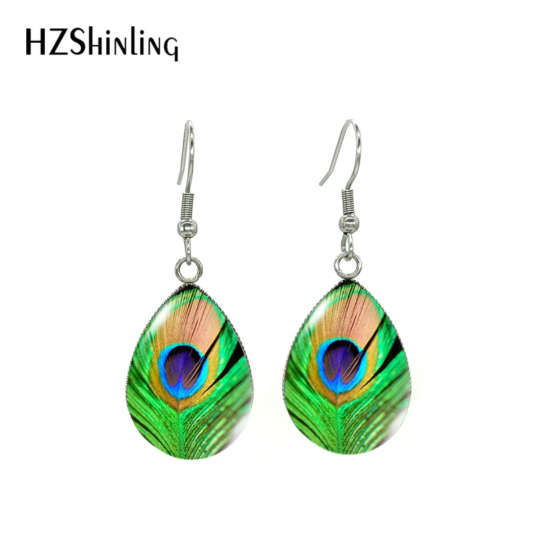 Peacock and Feather Floral Patterns Glass Cabochon Water Hook Drop Earrings Handmade Dangle Earrings Jewelry