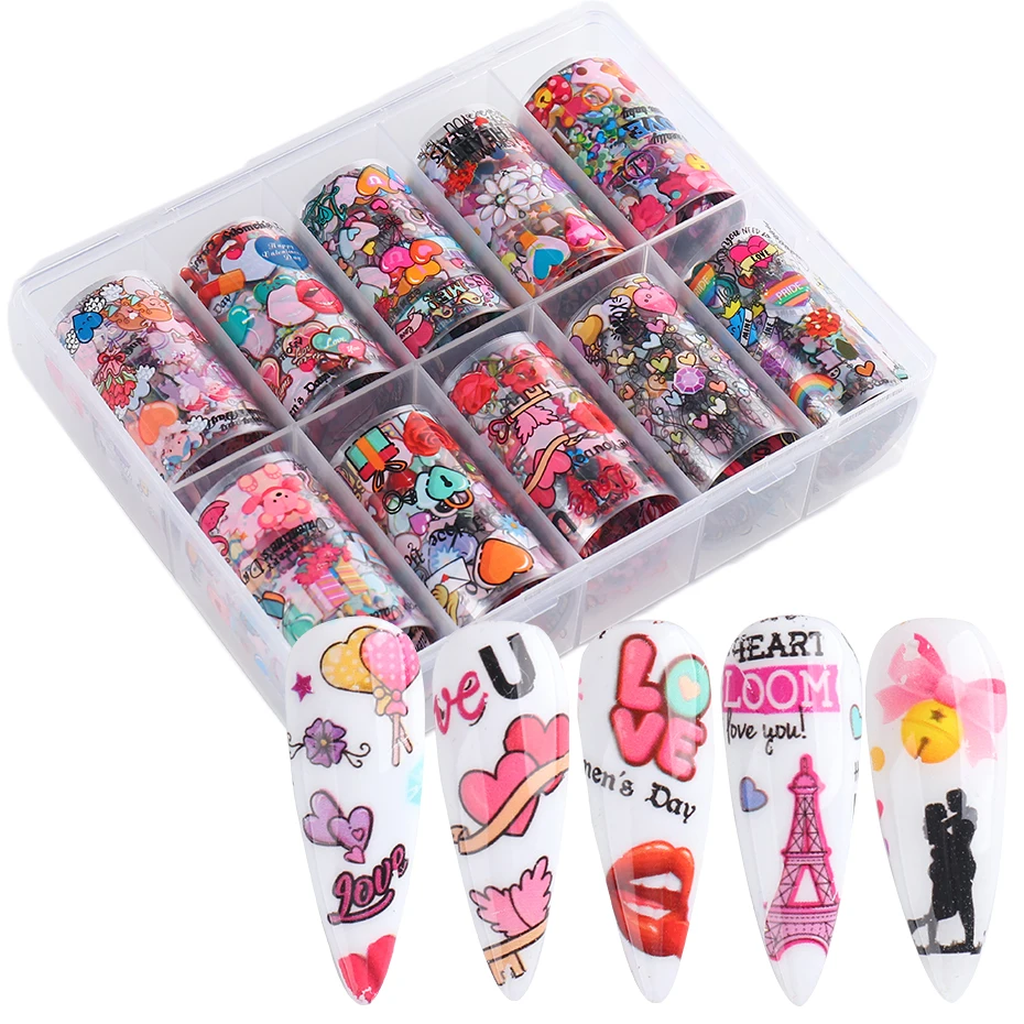 10pcs/Box Valentine Nail Art Transfer Foil Sticker Rose Heart Letter Adhesive Decal Nail Art Manicure Accessories GLQRJ1221-1