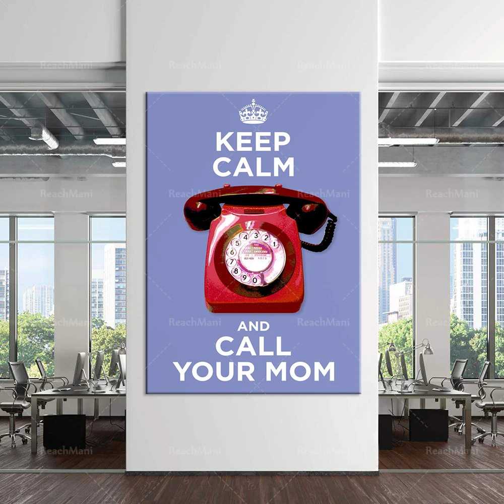 Keep calm and call your mom-graphic poster print, keep calm humor, kitchen wall art, mom's daughter gift, red retro phone illust