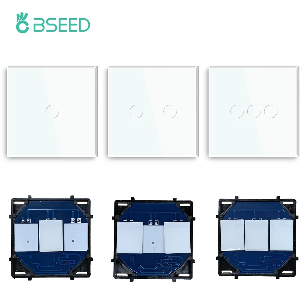 BSEED Wall Touch Switch 1/2/3Gang 1/2Way Light Switch Dimmer Function Parts Glass Panel Frames EU Wall Sockets DIY Parts White