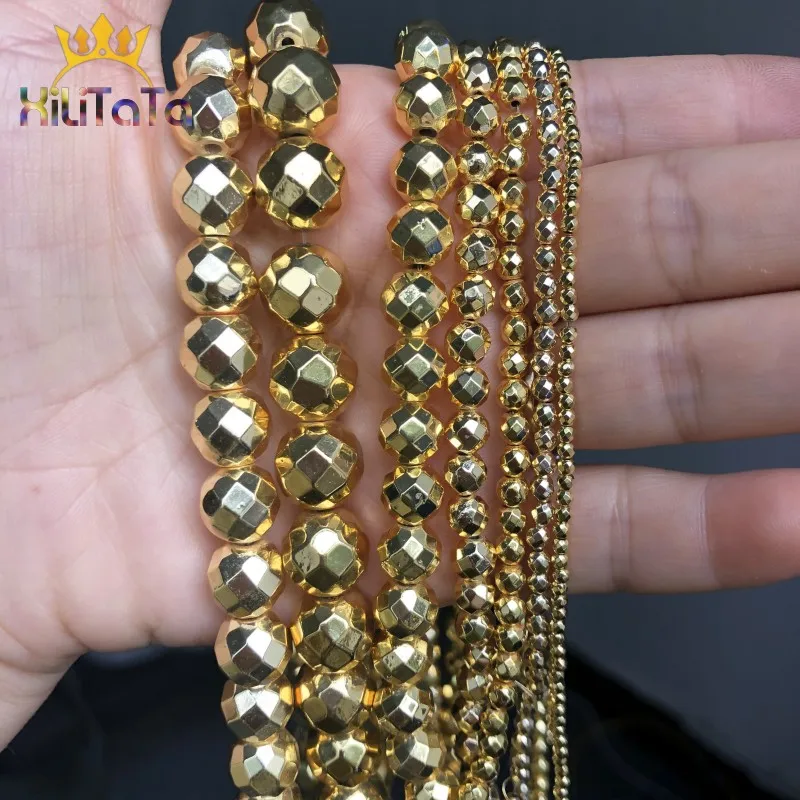 Faceted Natural Stone Gold Color Hematite Round Loose Spacer Beads For Jewelry Making DIY Bracelet Accessories 2/3/4/6/8/10/12mm