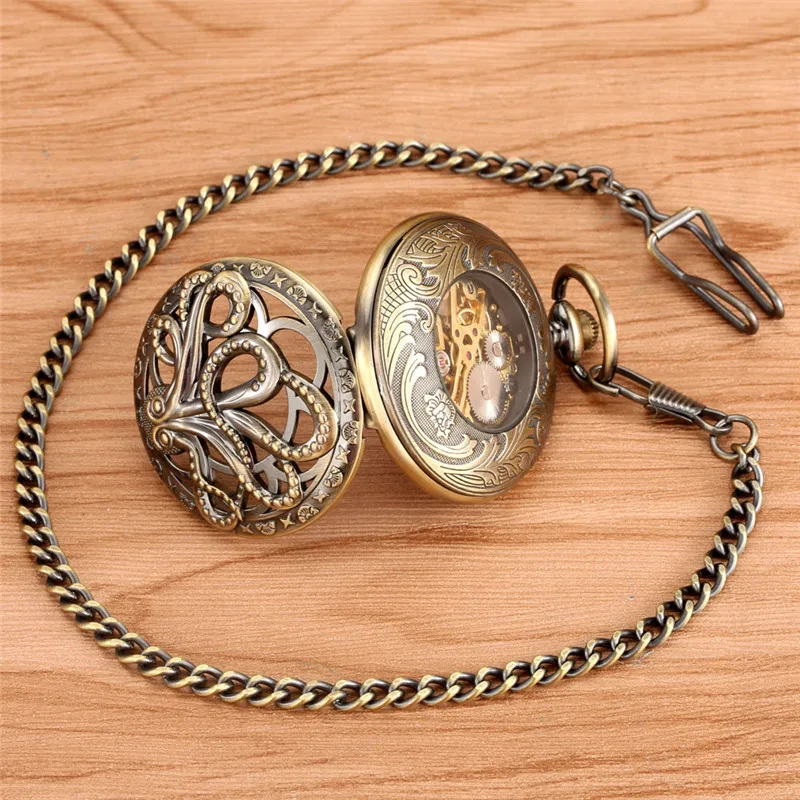 Stempunk Hollow Octopus Design Men Women Mechanical Hand Winding Pocket Watch Roman Number Fob Chain Skeleton Clock