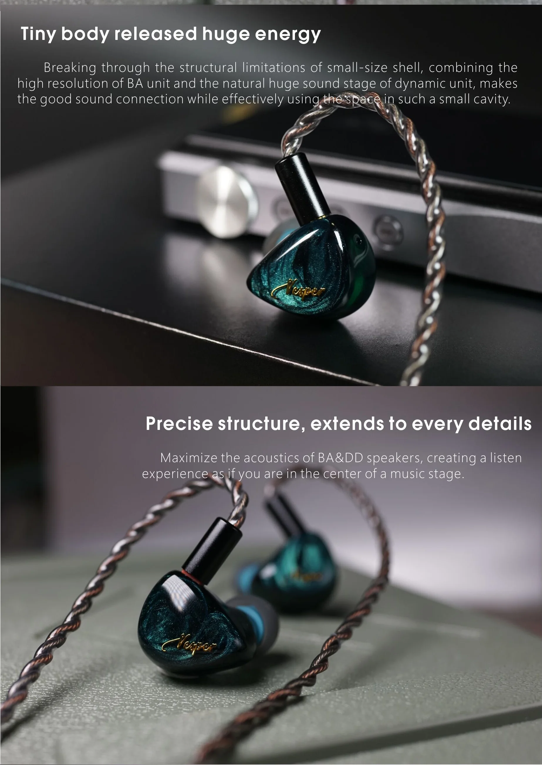 QOA Vesper 인이어 이어폰 하이브리드 드라이버, HIFI DJ 모니터 이어폰, 이어버드 헤드셋, 분리형 케이블 포함, 1DD 1BA