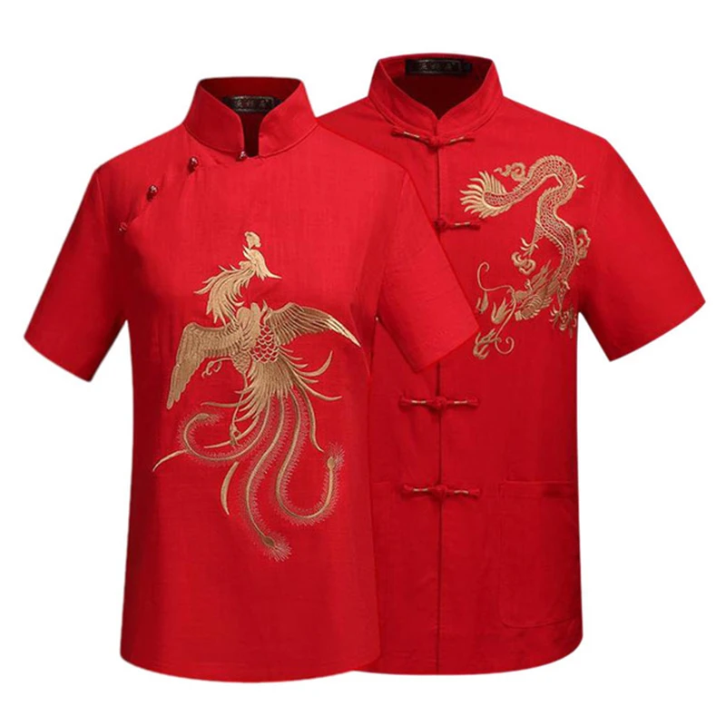 

lovers tops dragon and phoenix mom dad summer middle-aged and elderly Tang suit cotton and linen red elderly birthday clothing