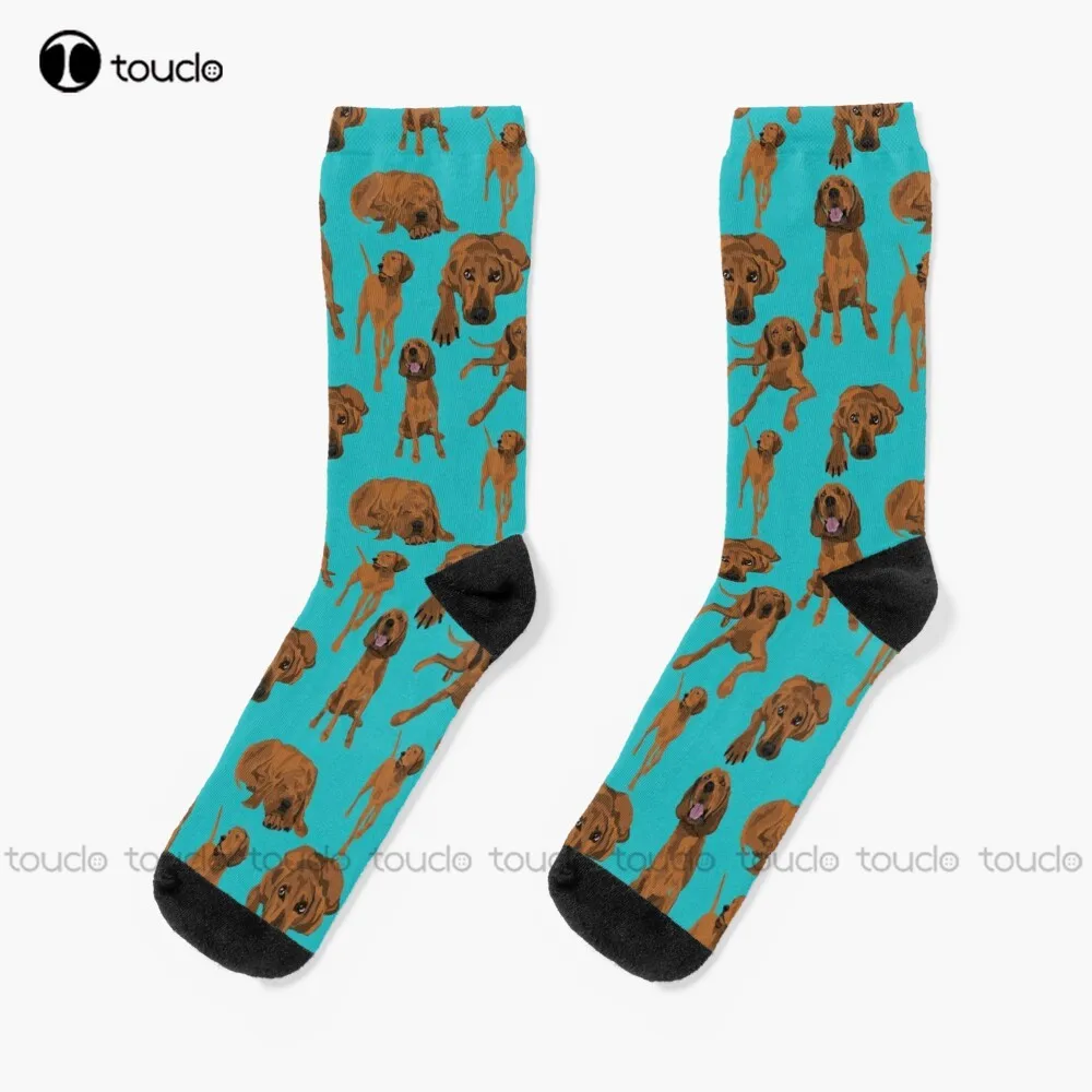 Redbone Coonhound On Turquoise  Socks Winter Socks For Men Personalized Custom Unisex Adult Teen Youth Socks 360° Digital Print