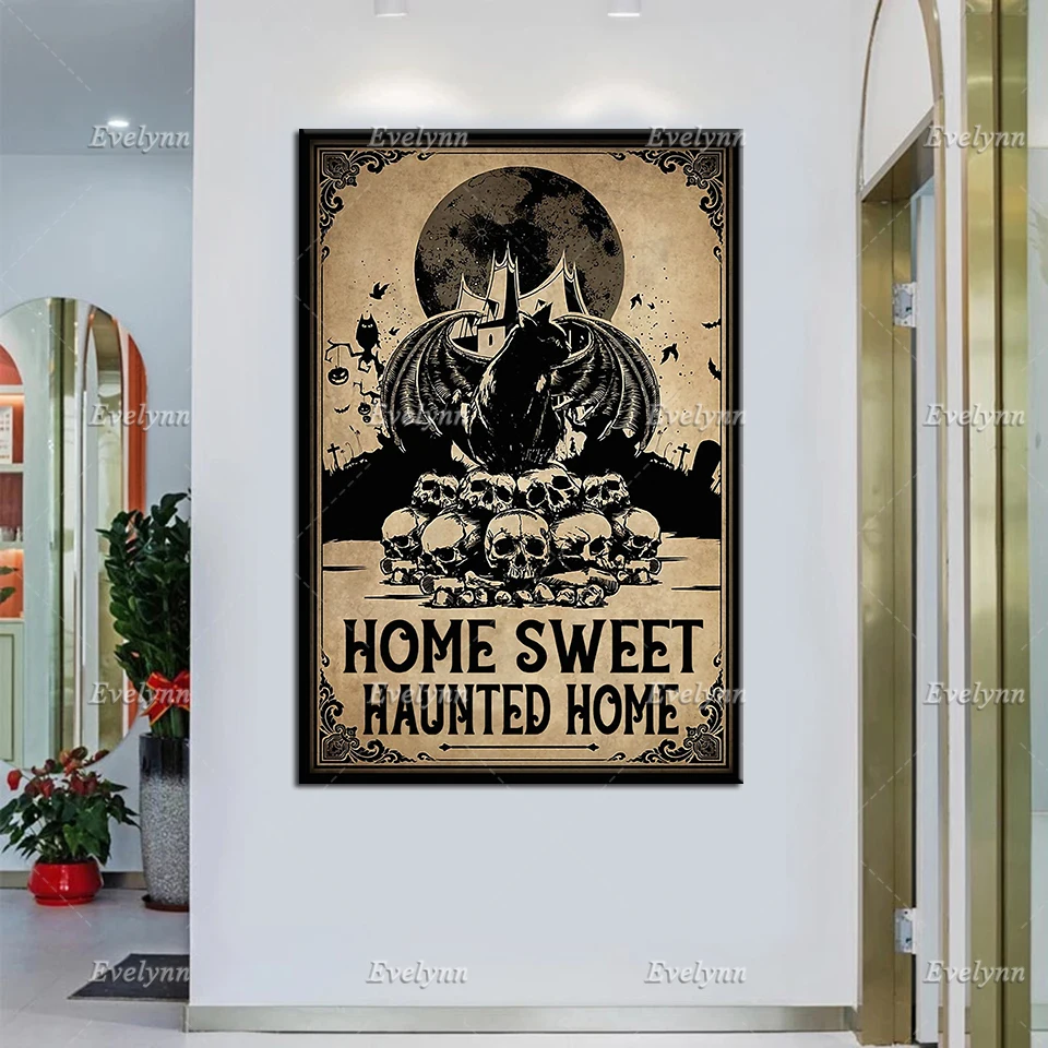 

Skull And Black Cat Lovers Home Sweet Haunted Home Retro Poster Witch Witchcraft Halloween Home Decor Prints Wall Art Canvas