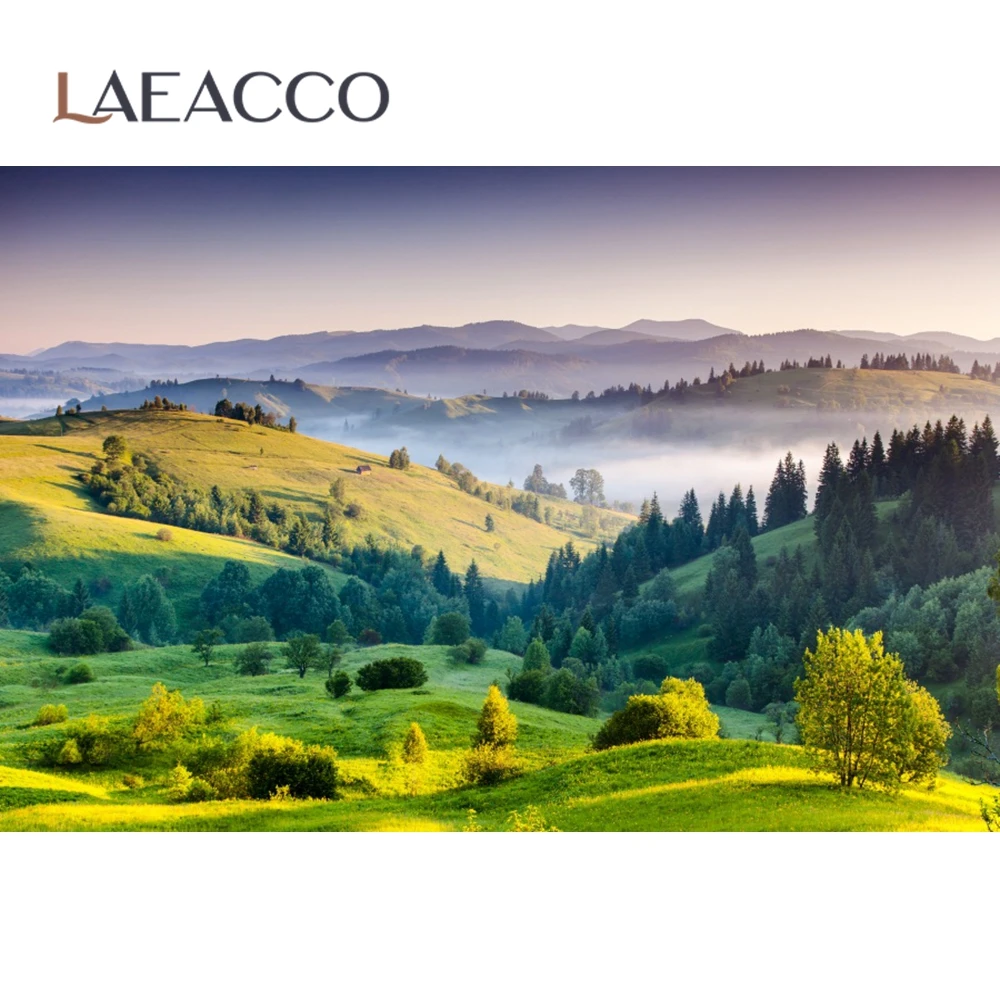 Laeacco Mountain Green Forest Grassland House Cloudy Scenic Photo Backgrounds Customized Photographic Backdrops For Photo Studio