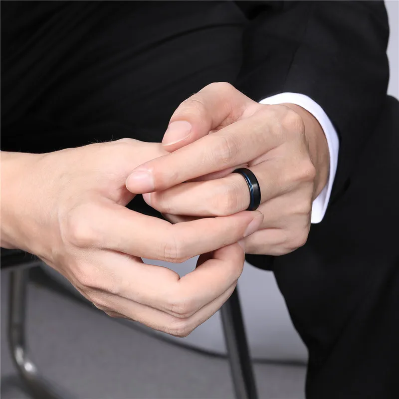 Tigrade Women Men Black Ring with Blue Line Brushed 6mm 8mm Tungsten Carbide Daily Jewelry Unisex Rings Dark