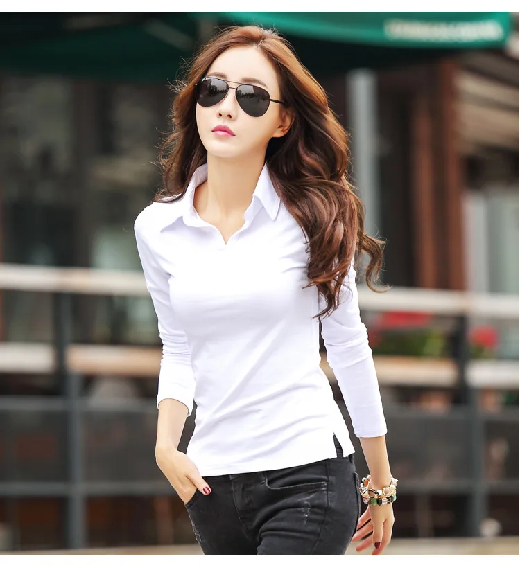 Solide T Shirt Weibliche 2024 drehen-unten Kragen Frauen Langarm Tops Frühling Voll Schlank Baumwolle T-shirt Frau Kleidung t-Shirt Femme – Detail 5
