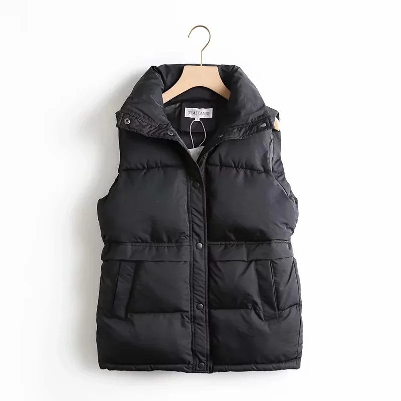 Autumn Winter Women Solid Loose Vest Drawstring Stand Collar Long Vest Jacket Cotton Padded Women Windproof Warm Waistcoat
