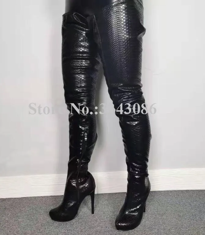 

New Black Snakeskin Thigh High Boots Women Sexy Round Toe Stiletto Heel Leather Over the Knee Long Boots Lady Real Photos Boots