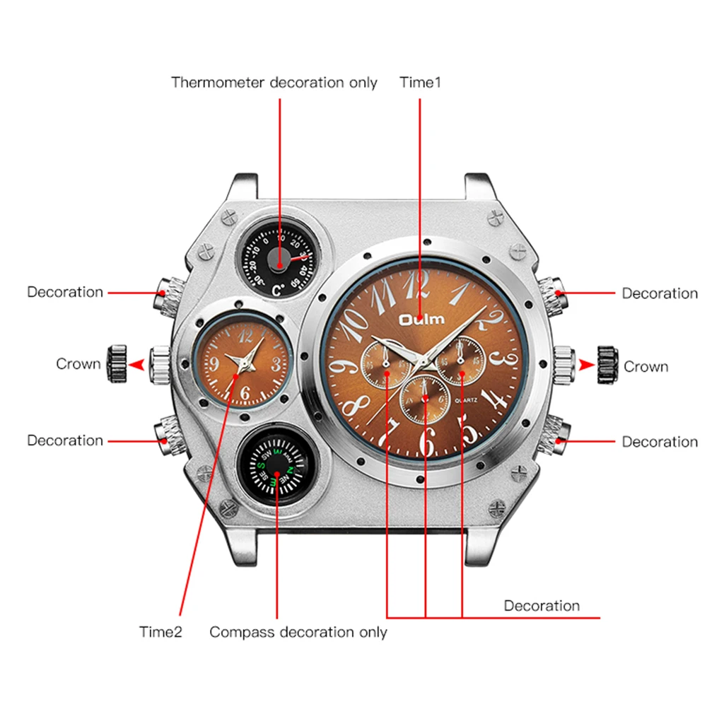 Creative Big Watch Men Chronograph Multi Dials Quartz Watch Military Sport Wristwatch Male Leather Strap Clock with Compass