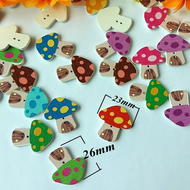 50pcs/lot  Mushroom Shaped 2 Holes Wooden Buttons 23*26mm Scrapbooking Supplies For Craft Decorative Random Mixed buttons