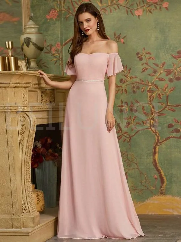 

Pink Cheap Bridesmaid Dresses Under 50 A-line Boat Neck With Shoulder Ruffles Floor Length Chiffon Long Wedding Party Dresses