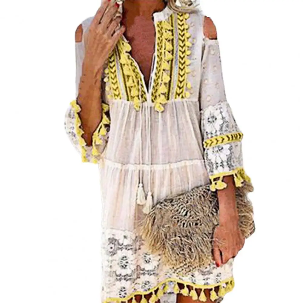 Sexy Women\'s Shift Dress Long Sleeve Tassel Fringe Lace Robe Strapless Deep V-Neck Female Summer Casual Boho Vacation Dresse Hot