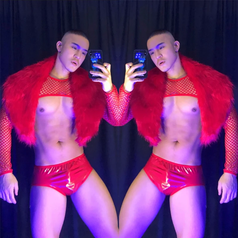 

Bar Nightclub DJ DS Men Gogo Costumes Sexy Pole Dance Clothing Rave Outfit Male Red Fur Shawl Mesh Top Leather Shorts XS3057