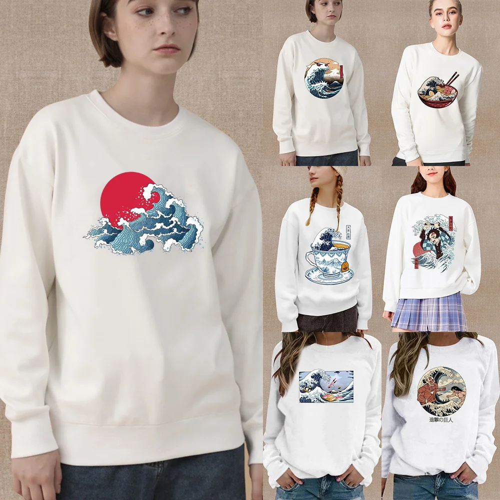 Women's Long Sleeve Sweatshirt Fashion White Pullover Anime Cartoon Wave Print Series Casual Round Neck Autumn Warm Soft Hoodie