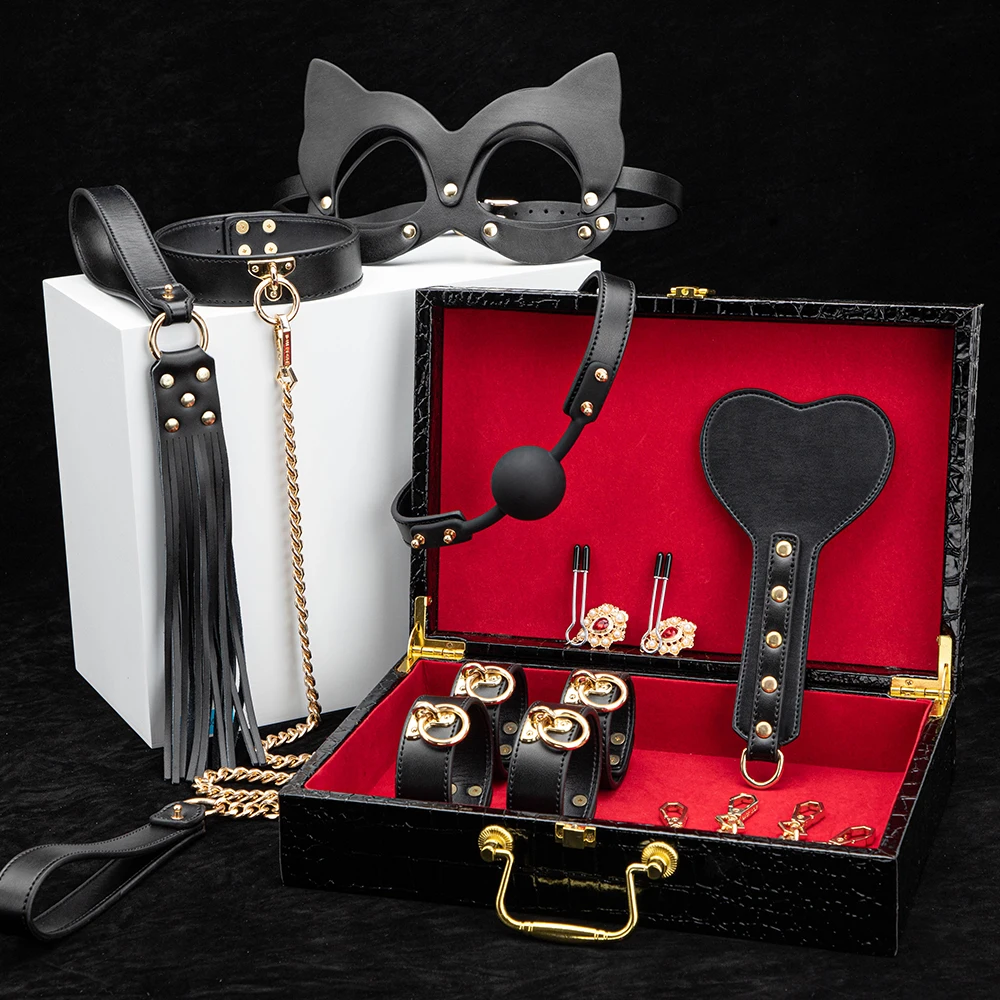 BLACKWOLF BDSM lit Bondage Kits ensemble de retenue en cuir véritable menottes col Gag érotique Sex Toys pour femmes Couples jeux pour adultes