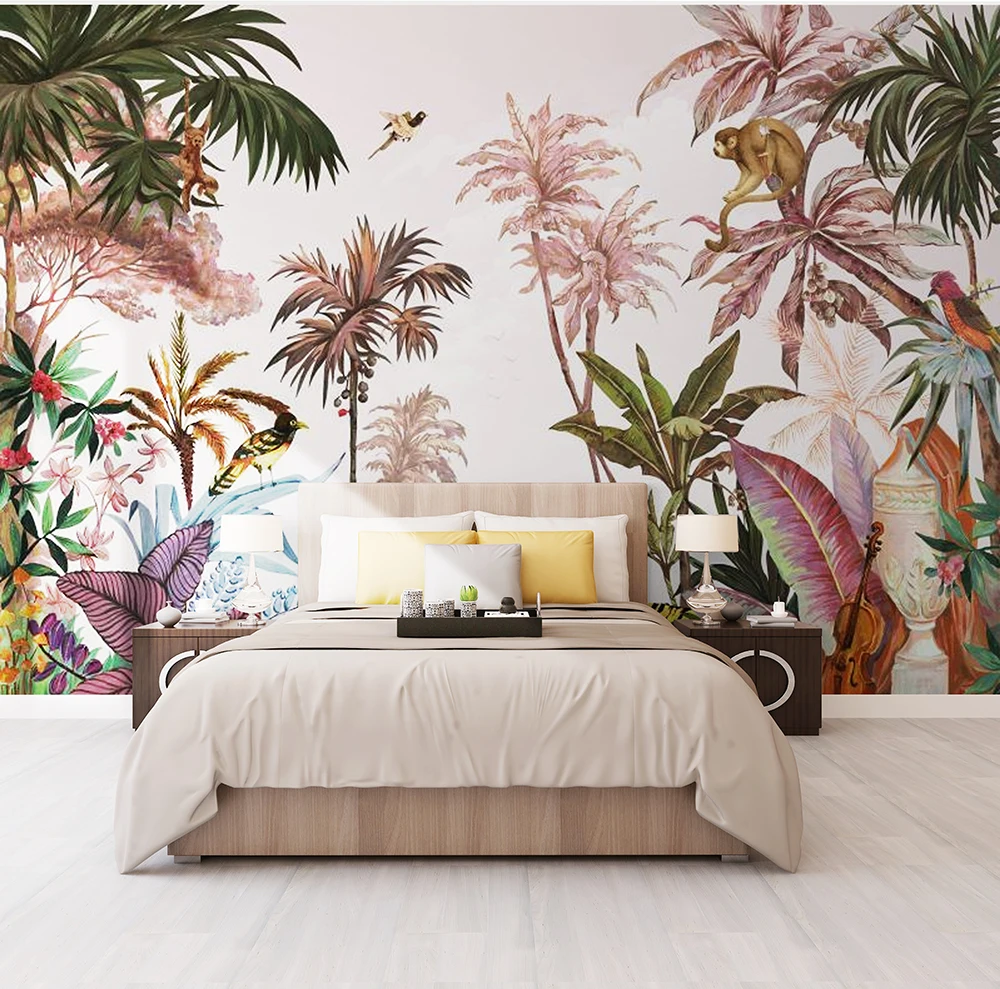 Custom Safari Removable 3d Wallpaper Non woven tropical wall mural Tropical Jungle Animals 5D flower mural wallpaper