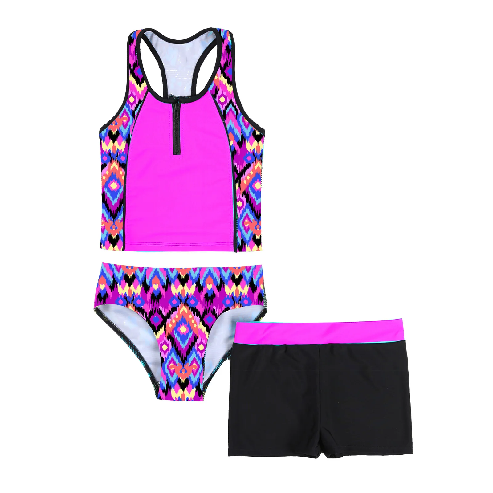 4-16 Years Kids Girls Tankini Set 3 Piece Floral Print Sleeveless Racerback Tank Vest Shirt Short and Bikini Triangle Swimwear