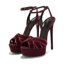 New Platform Crossed Velvet Sandals Lady Ankle Strap Stiletto High Heels Dress Shoes Woman Peep Toe Cut out Party Sandal